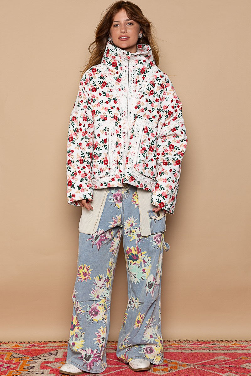 POL High Neck Floral Front Pocket Overfit Quilting Jacket - Roulhac Fashion Boutique