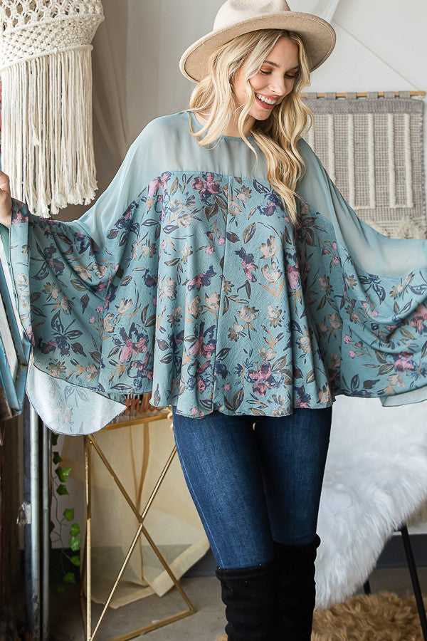 Oli & Hali Floral Print Solid Contrast Bell Sleeves Detail Fl Top