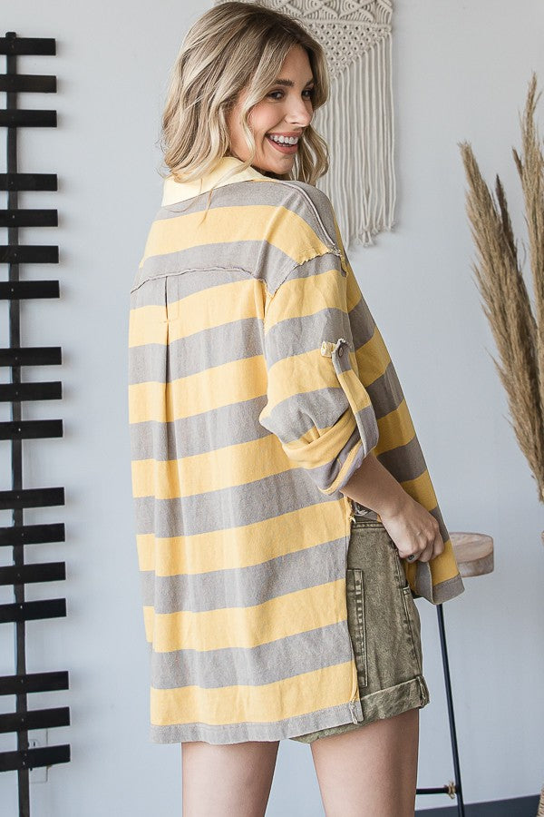 Oli & Hali Mineral Washed Striped Three Quarter Sleeves Top