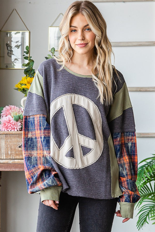 Oli & Hali Peace Applique Plaid Sleeve Pullover Top