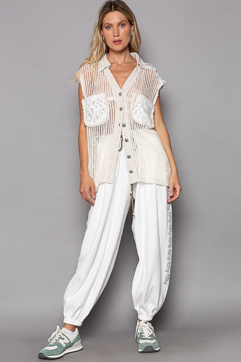 POL Vintage Wash V Neck Cut Sew Crochet Patches Vest Top