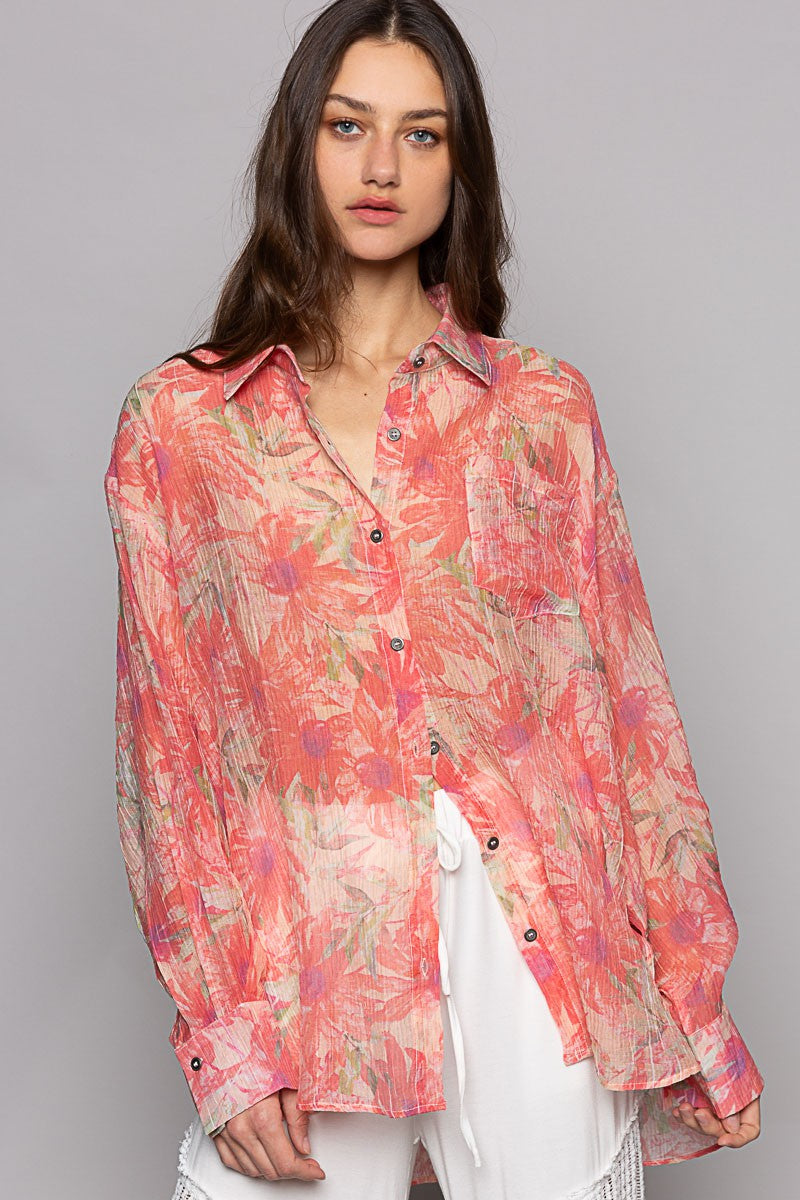 POL Floral Print Oversize Long Sleeve Button Down Top