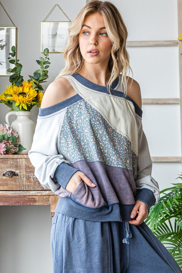 Oli & Hali Washed Fabric Mixed Cutout Shoulder Tunic Top