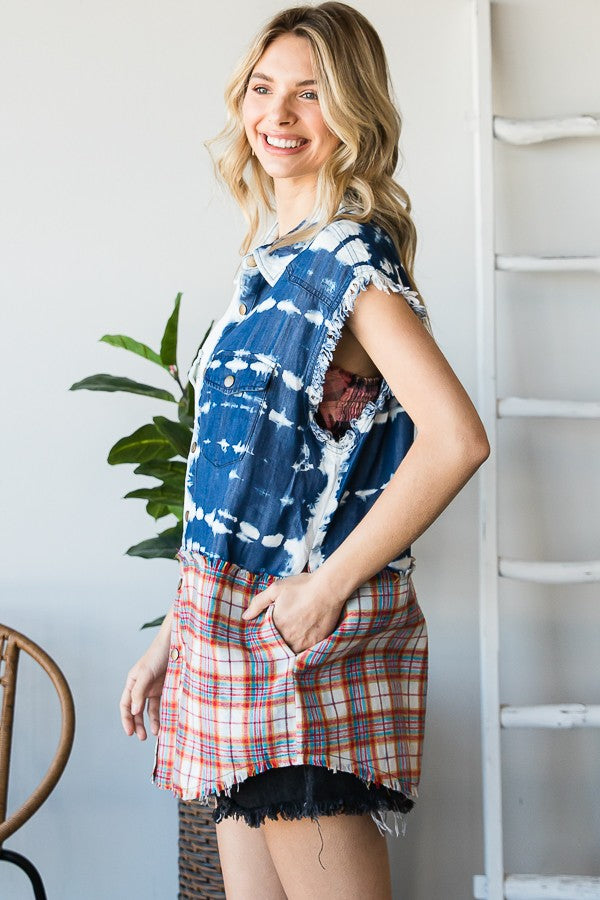 Oli & Hali Washed Denim Mix Plaid Sleeves Shirts Top