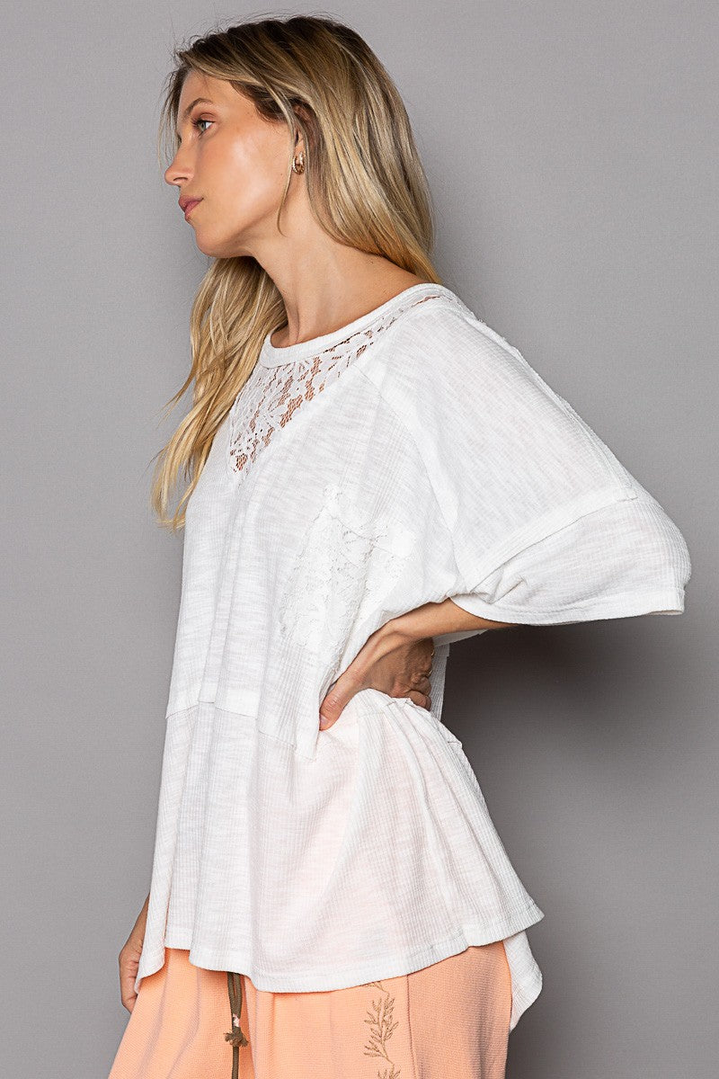 POL Round Neck Short Sleeve Lace Patches Solid Top