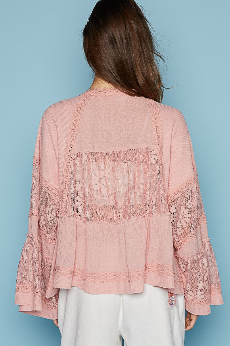 POL Wide Long Sleeve Lace Trim Crop Open Knit Cardigan Top