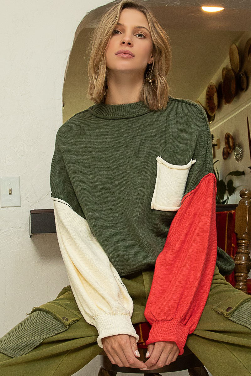 POL Color Block Mock Neck Hacci Pullover Sweater Top