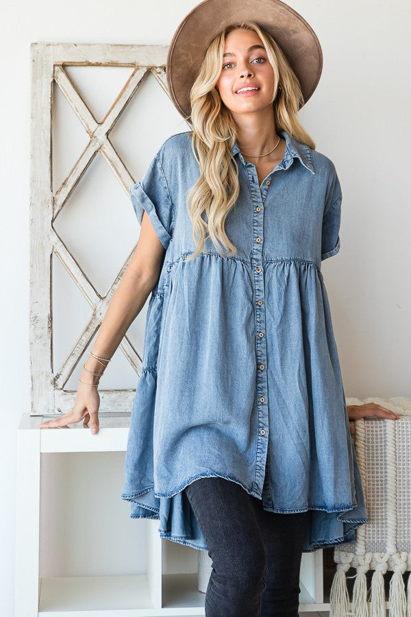 Oli & Hali Mineral Washed Tencil Tiered Button Down Dress