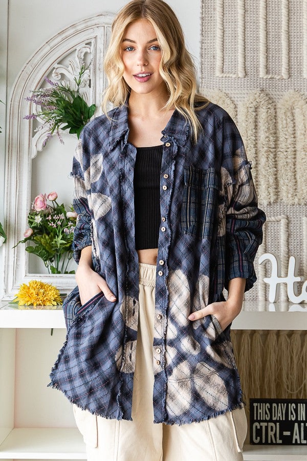 Oli & Hali Bleeched Flower Plaid Button Front Jacket