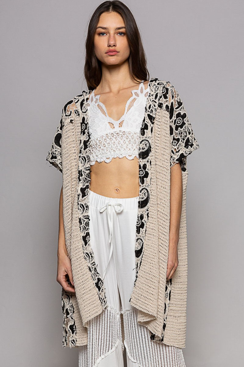 POL Sleeveless Crochet Floral Pattern Hoodie Open Kimono Top