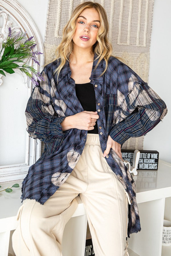 Oli & Hali Bleeched Flower Plaid Button Front Jacket