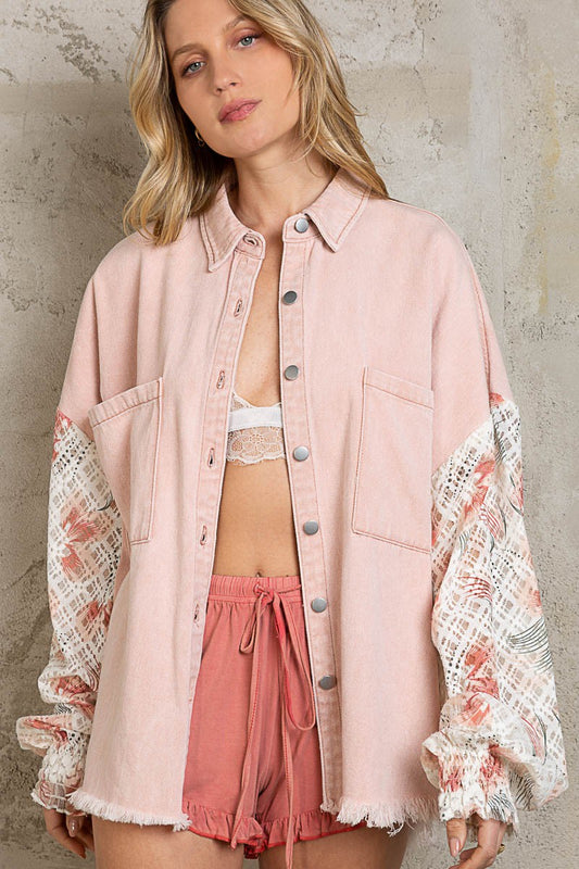 POL Oversize Contrast Lace Sleeve Button Down Shacket Jacket