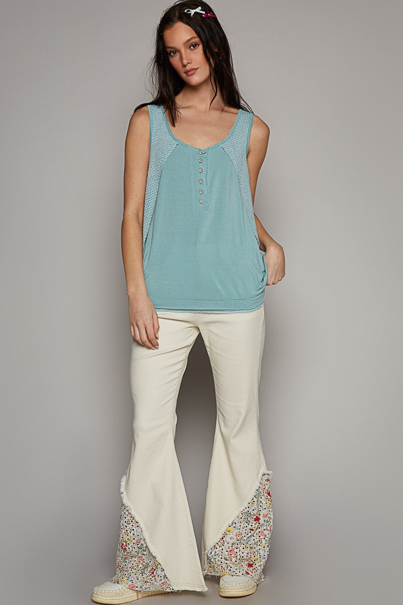 POL Round Neck Sleeveless Thermal Contrast Knit Top