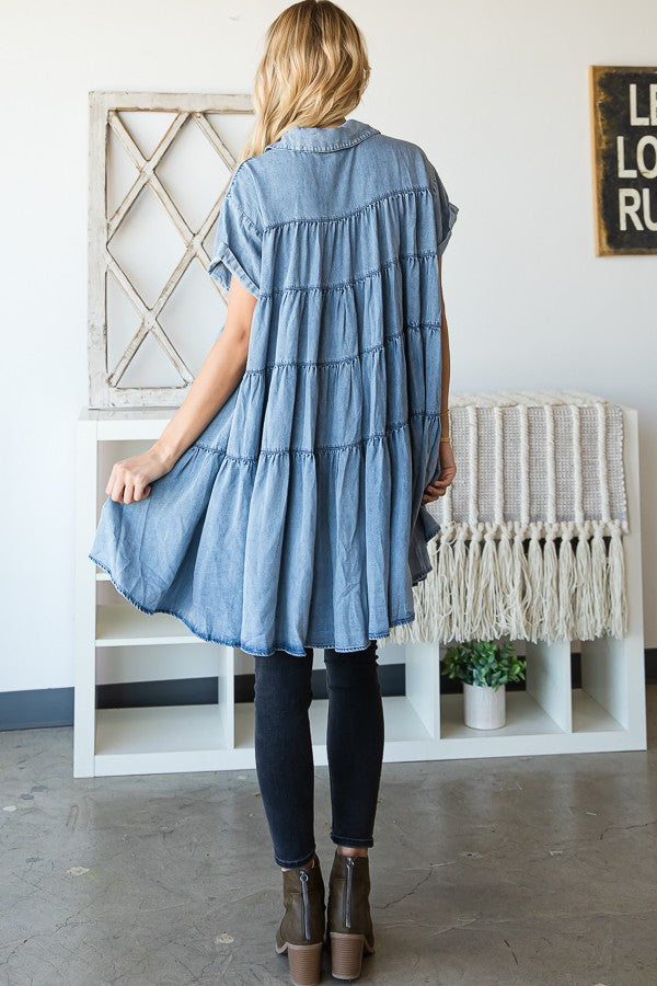 Oli & Hali Mineral Washed Tencil Tiered Button Down Dress