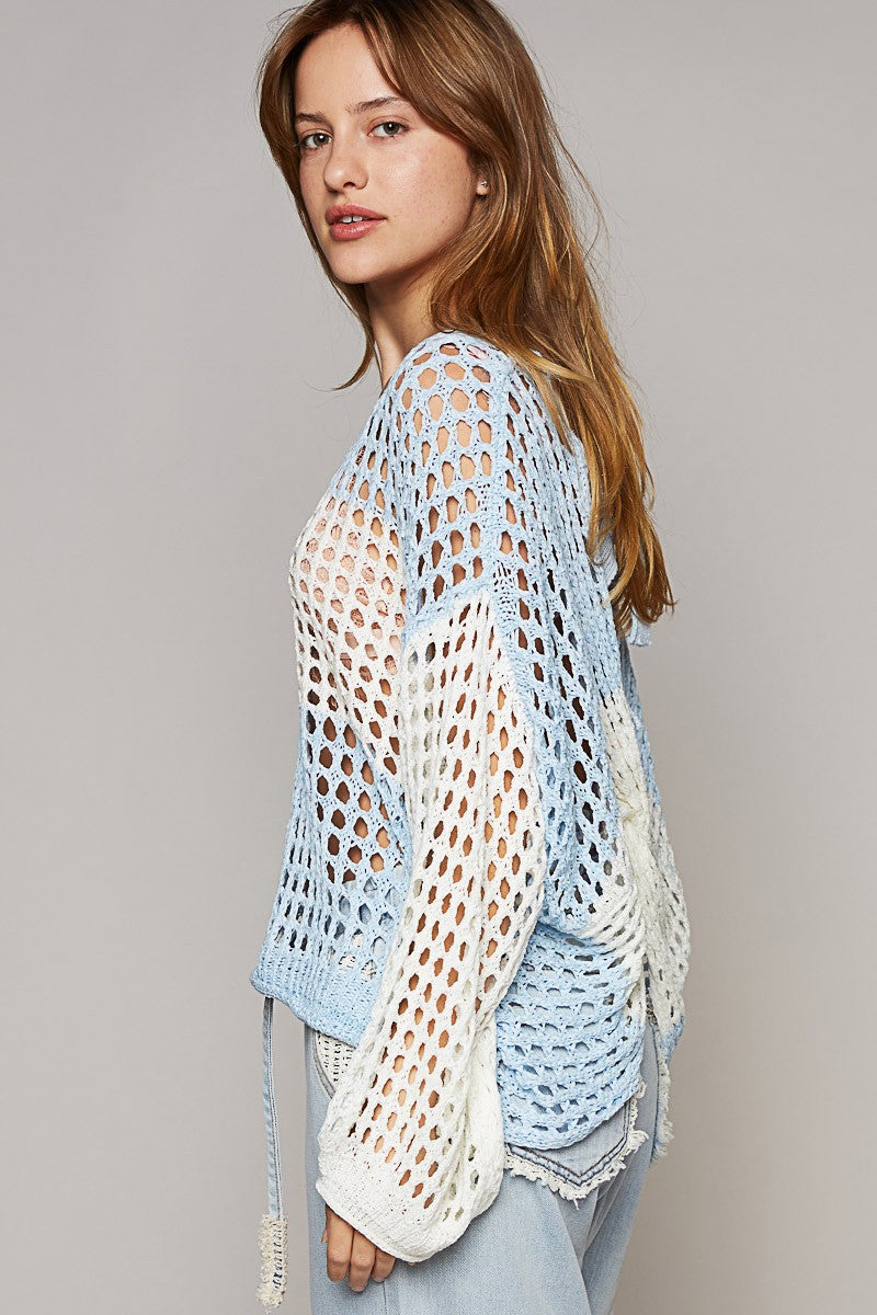 POL Open Weaving V Neck Long Sleeve Back Tie Sweater Top
