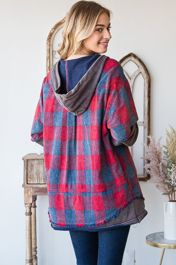 Oli & Hali Mineral Washed Plaid Hoodie Jacket Top