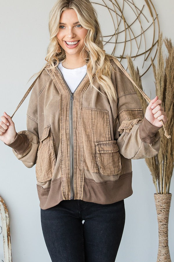 Oli & Hali Mineral Washed Cargo Pockets Hoodie Jacket