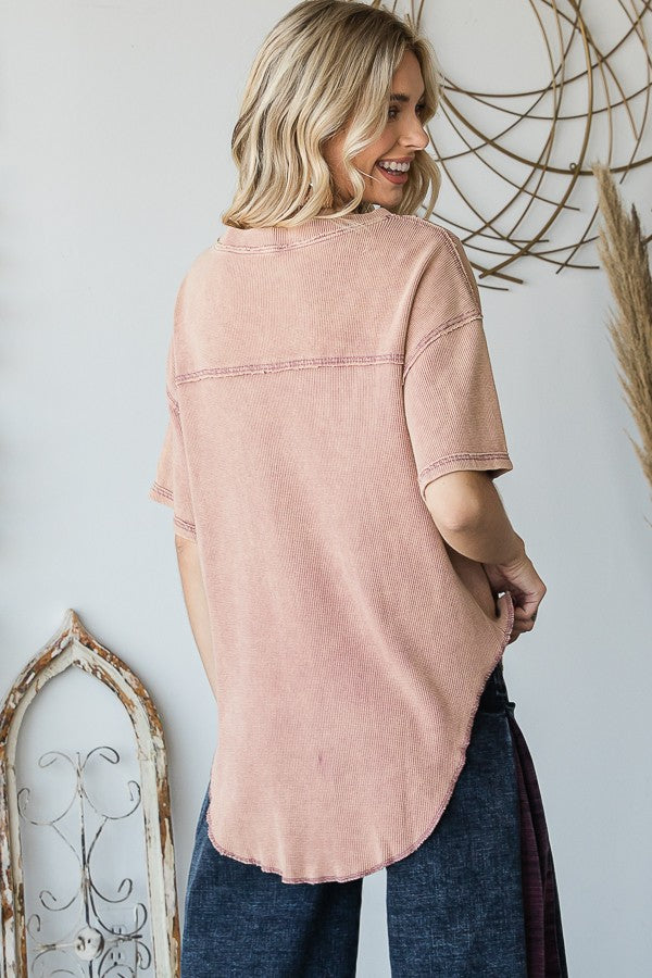 Oli & Hali Mineral Washed Thermal Knit V Neck Shirt Top