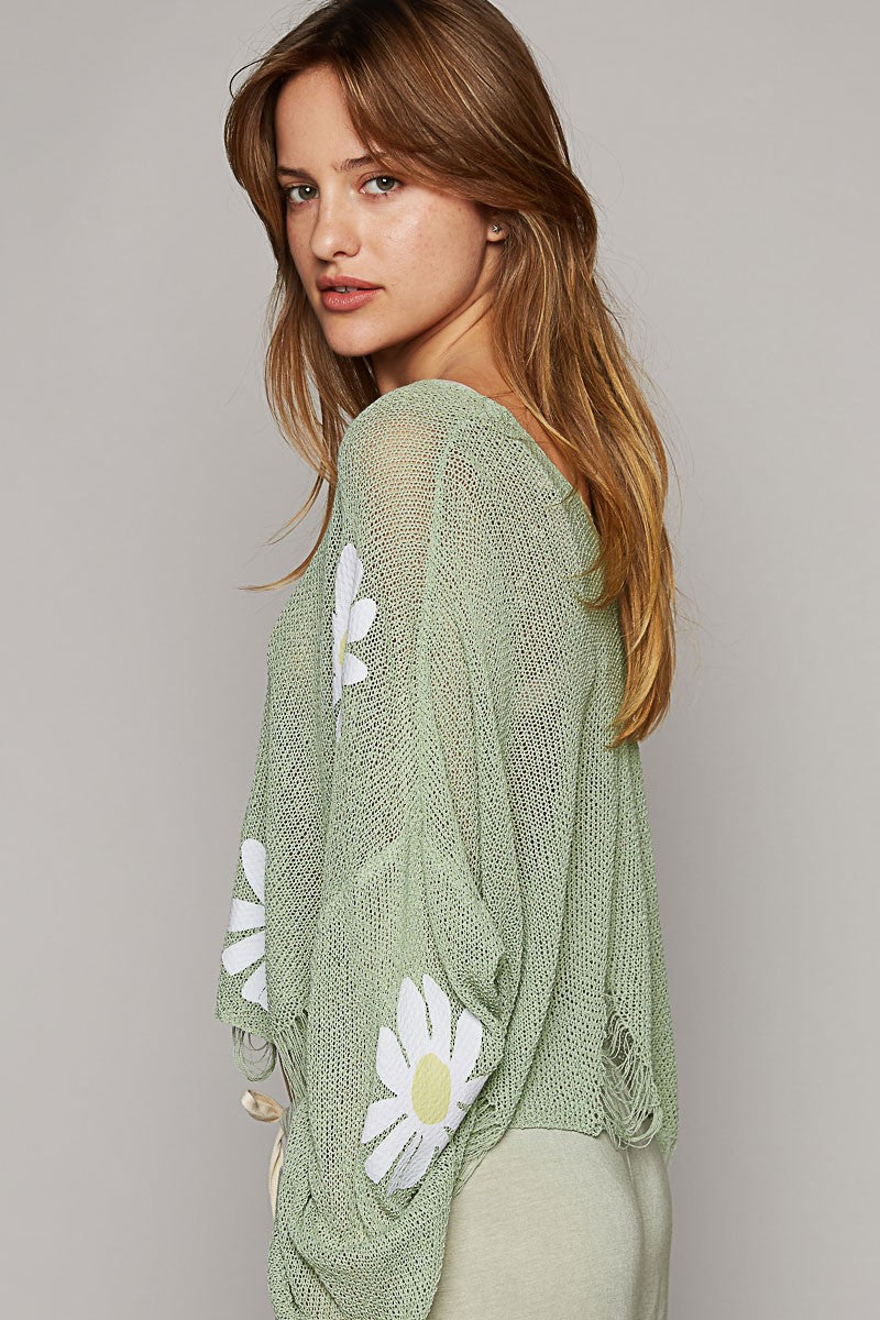 POL Long Sleeve Distress Flower Patches Pullover Top