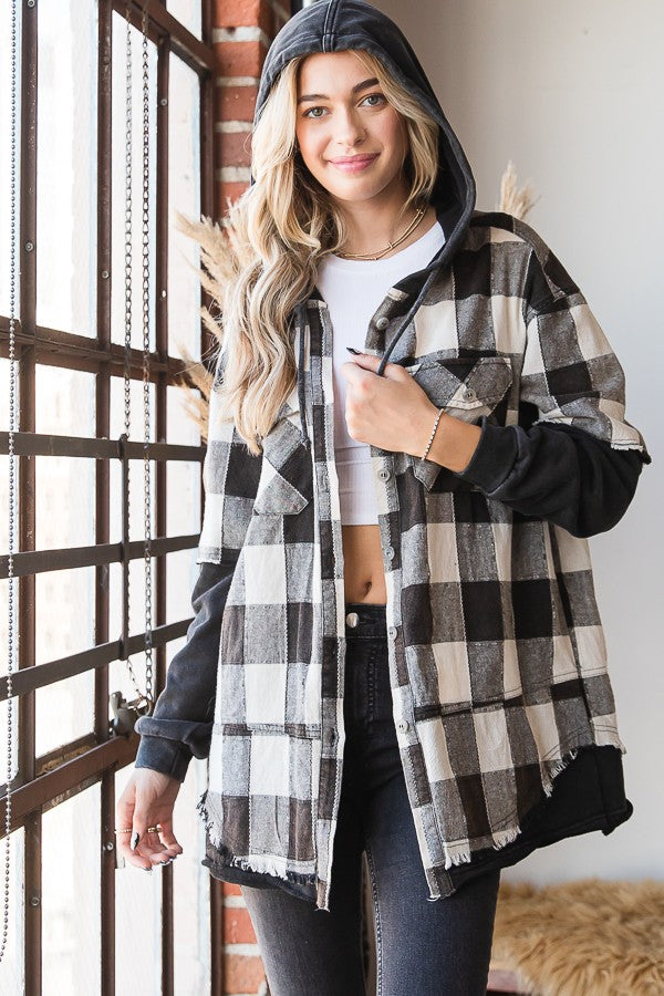 Oli & Hali Mineral Washed Plaid Hoodie Jacket Top