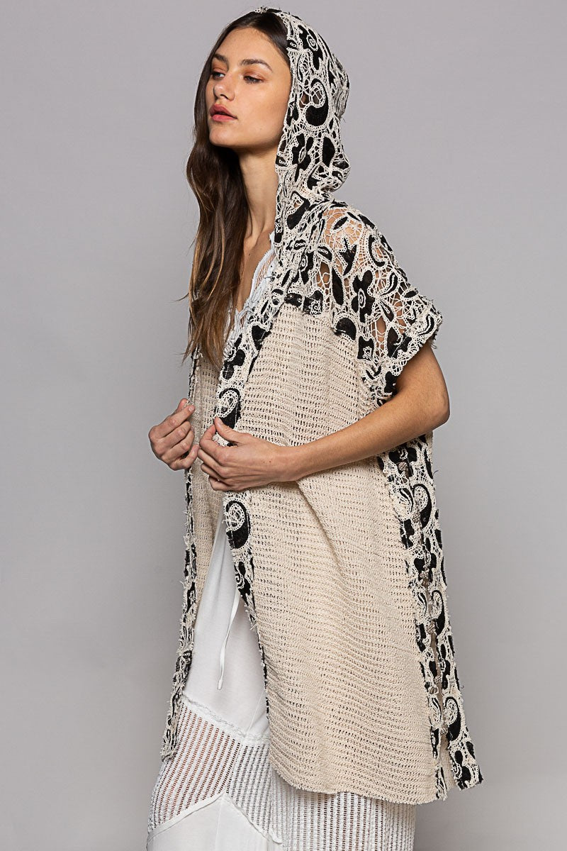 POL Sleeveless Crochet Floral Pattern Hoodie Open Kimono Top