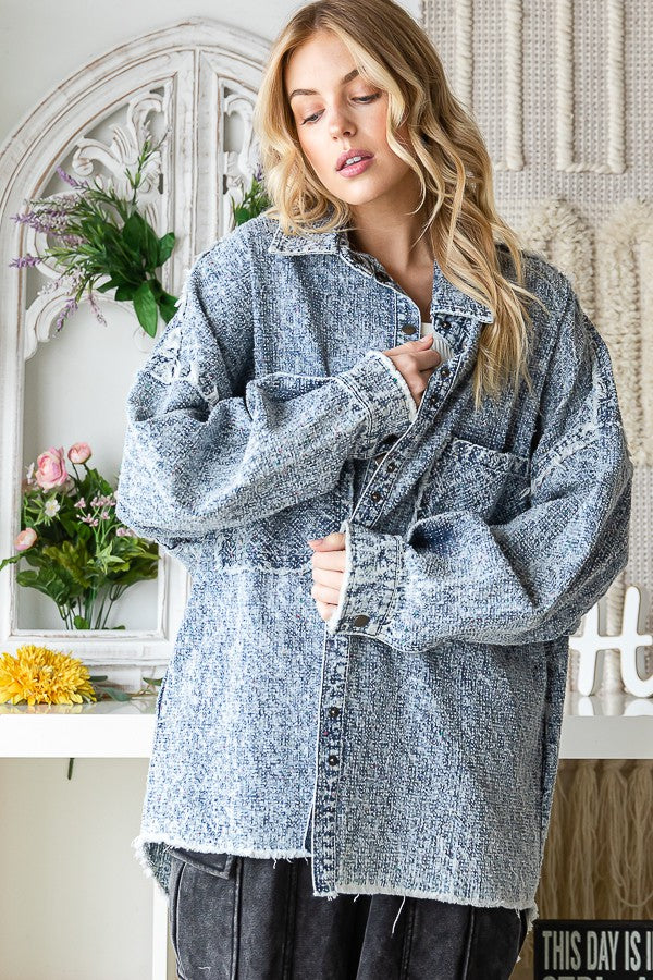 Oli & Hali Texture Denim Washed Oversize Shirts Jacket