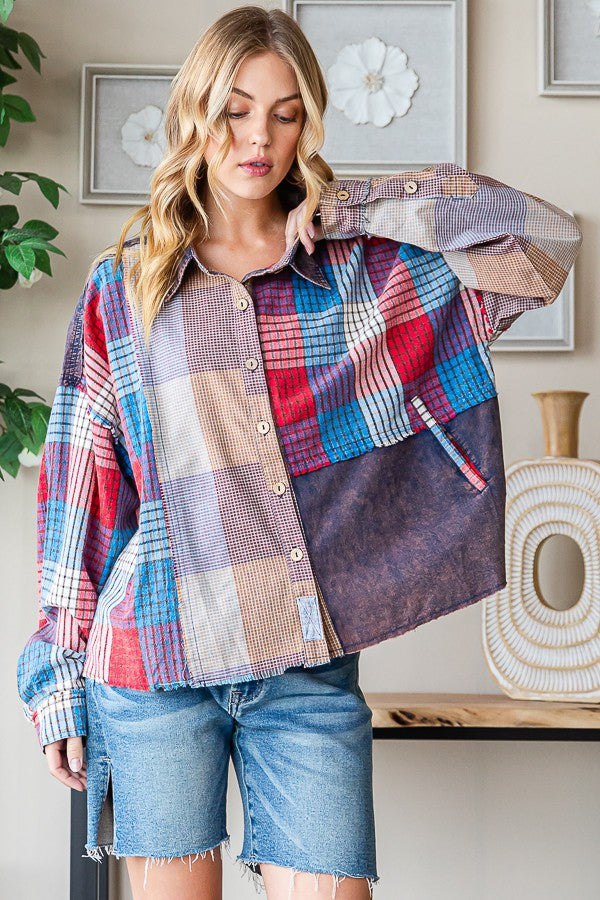 Oli & Hali Washed Plaid Mix Shirt Top