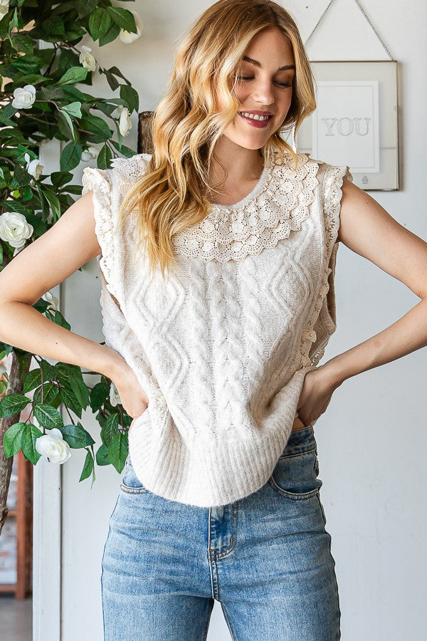 Oli & Hali Cable Knit Sweater Vest With Lace Trim Top