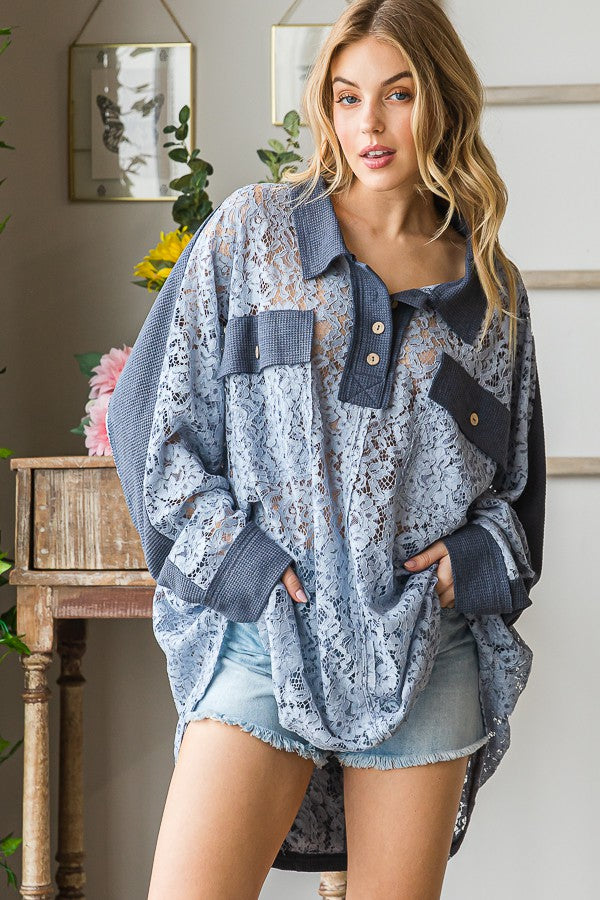Oli & Hali Washed Lace Waffle Mixed Shirts Top