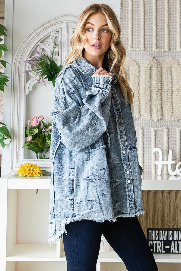 Oli & Hali Star Texture Denim Washed Oversize Shirts Jacket