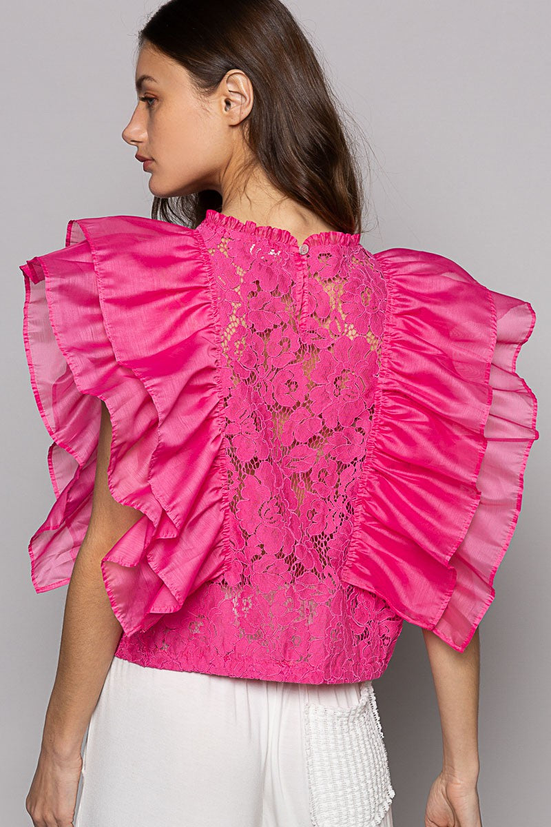 POL Sleeveless Round Neck Chiffon Ruffle Lace Top
