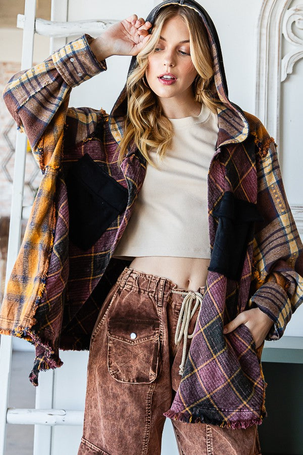 Oli & Hali Plaid Button Front Hoodie Jacket