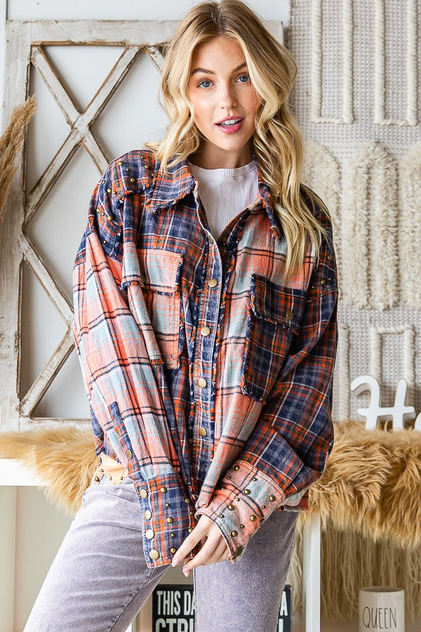 Oli & Hali Daisy Trimmed Washed Plaid Mixed Shirt Top