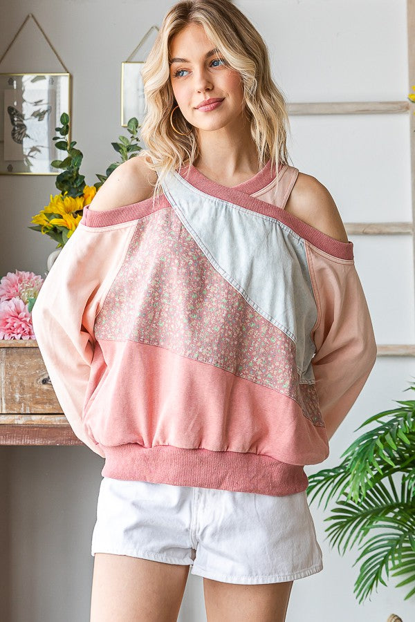 Oli & Hali Washed Fabric Mixed Cutout Shoulder Tunic Top