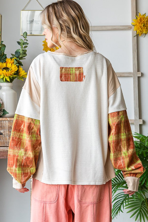 Oli & Hali Peace Applique Plaid Sleeve Pullover Top