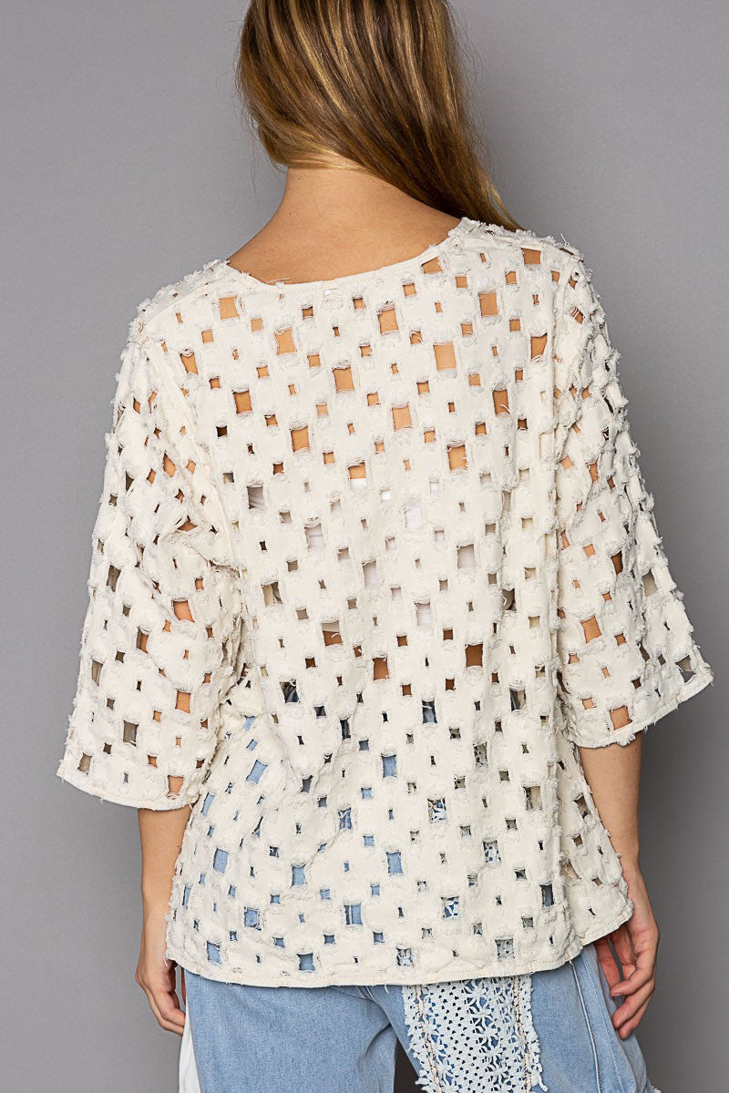 POL Oversize Round Quarter Sleeve See Through Top