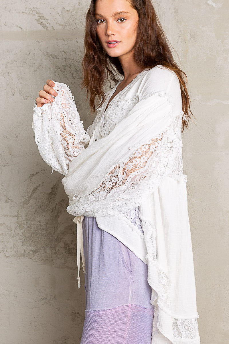 POL Balloon Sleeve Lace Contrast High Low Top