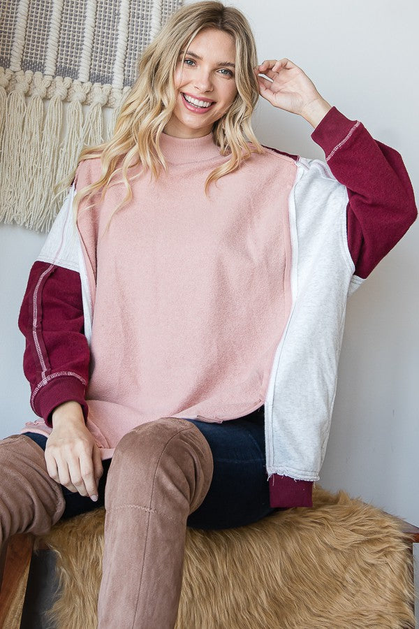 Oli & Hali Color Block Washed Detail Loose Fit Knit Top