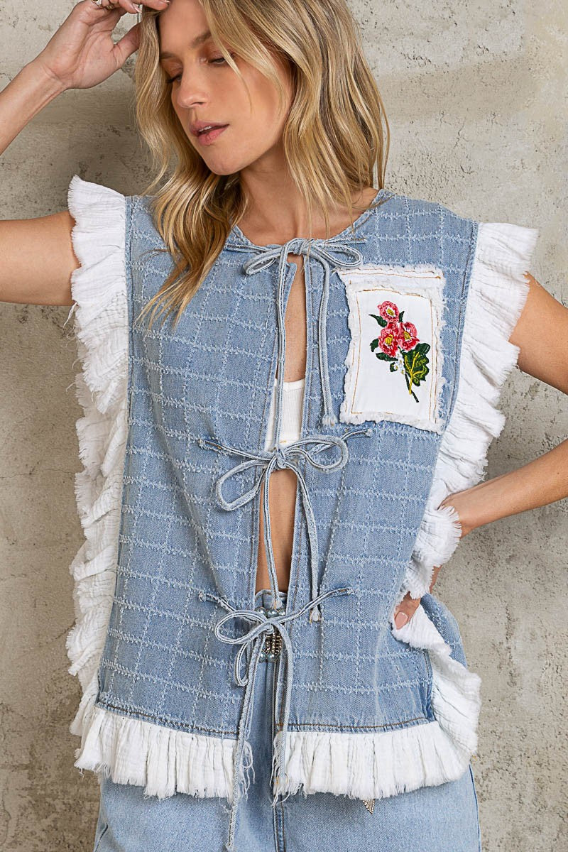 POL Patch Work Ruffle Trim Tie Front Square Denim Vest Top