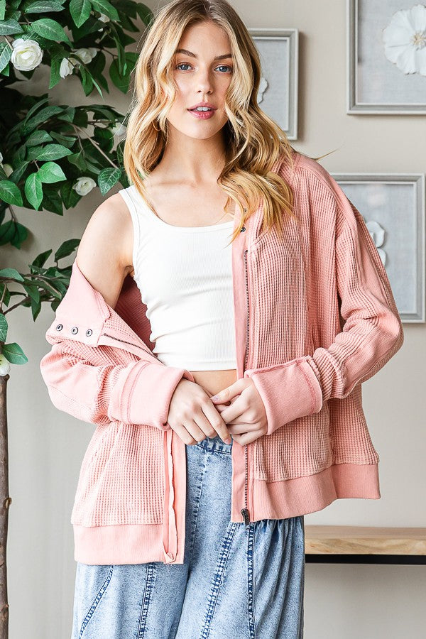 Oli & Hali Washed Waffle Zip Up Long Sleeve Jacket