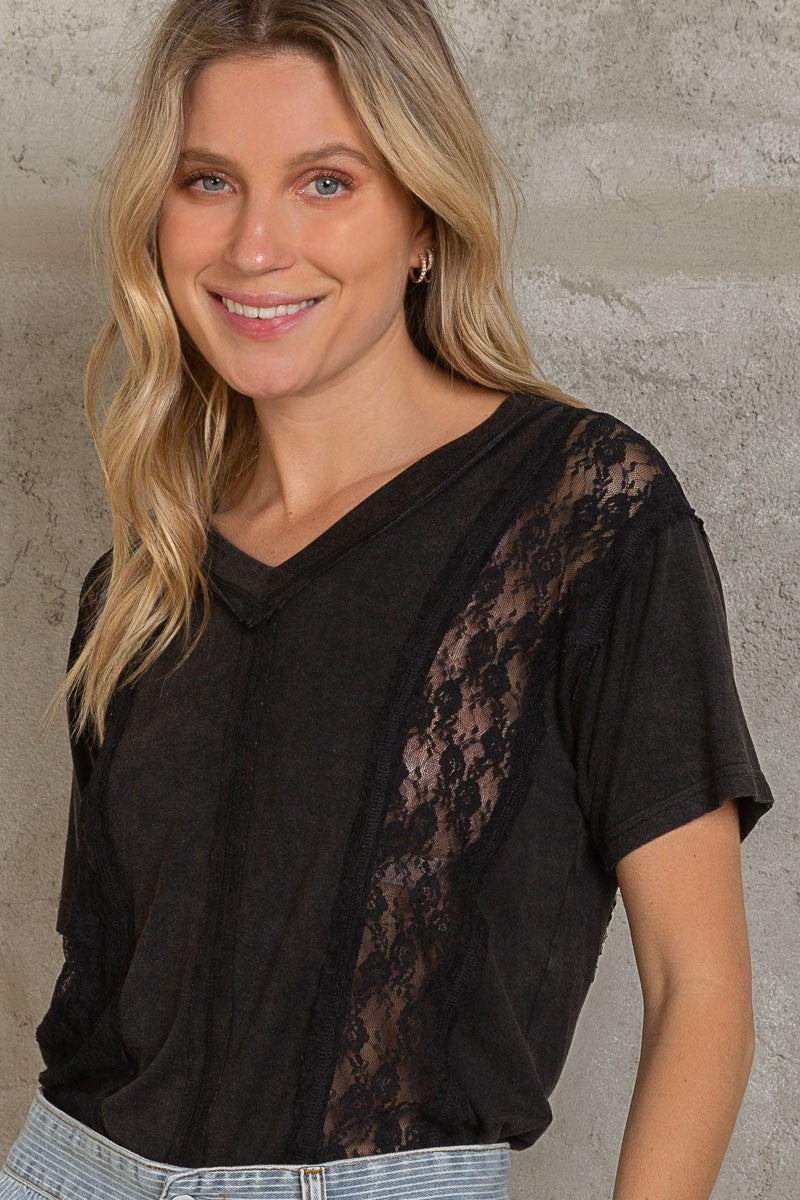 POL Inset Lace Outseam Details Short Sleeve V Neck Tee Top