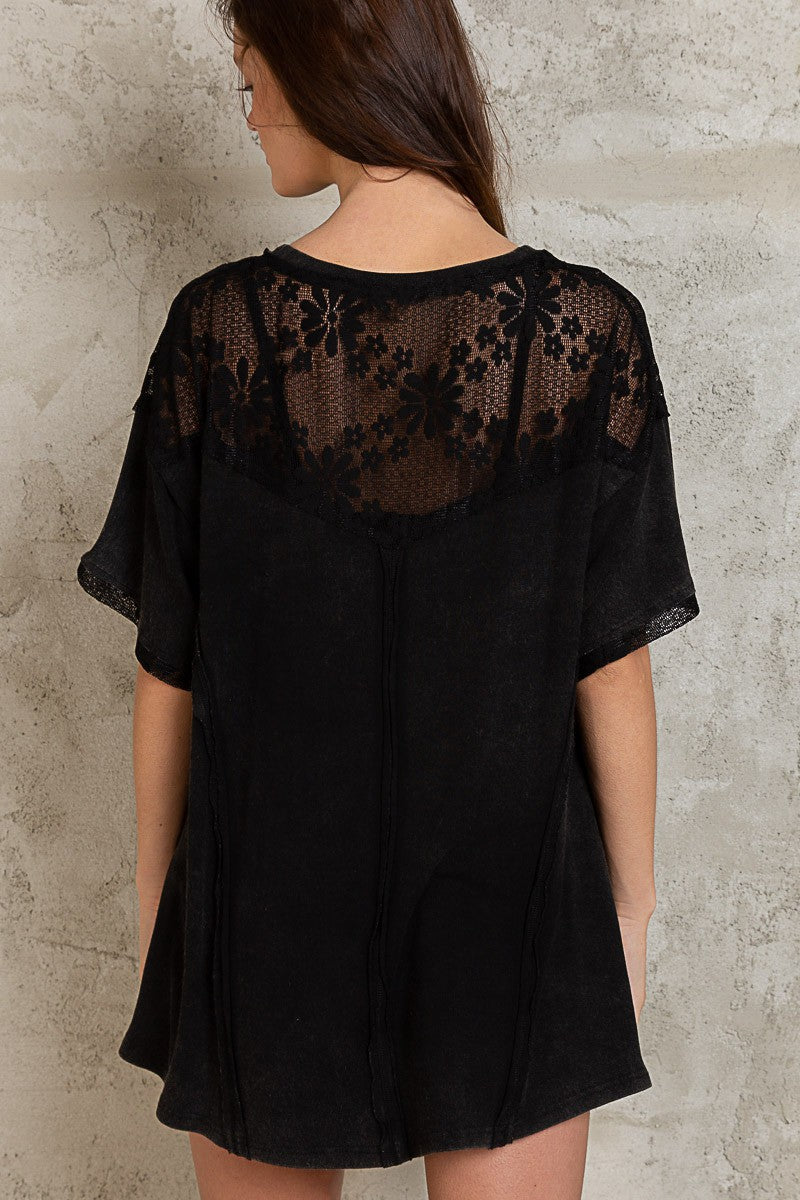 POL Round Neck Lace Short Sleeve Lace Mix Knit Frayed Edge Textured Top - Roulhac Fashion Boutique