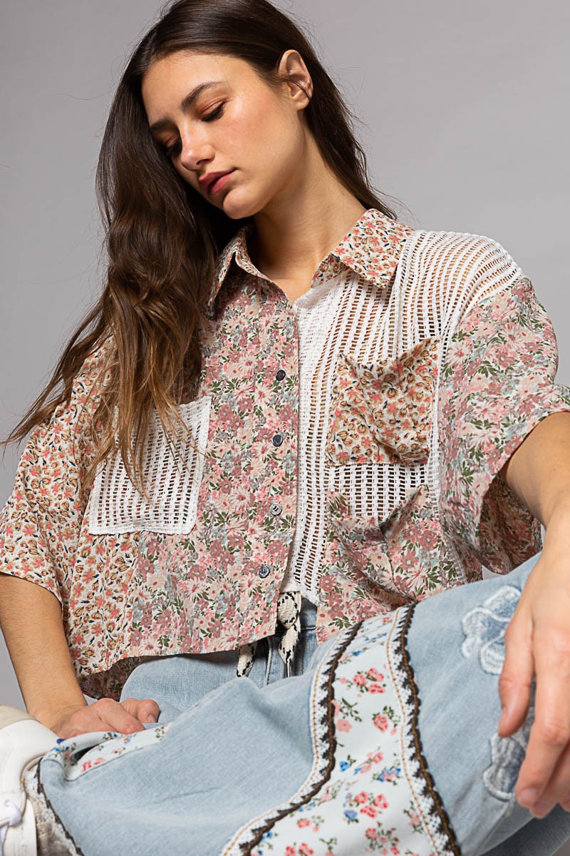 POL Short Sleeve Woven Print Crochet Mixed Shirt Top