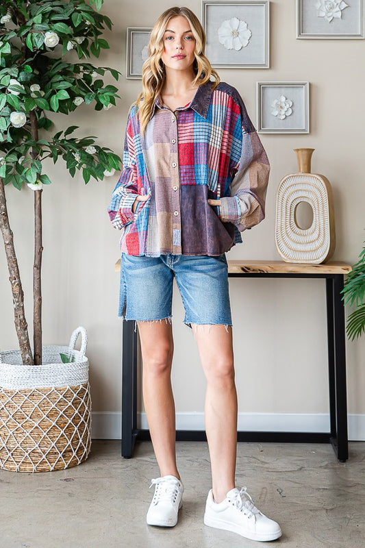 Oli & Hali Washed Plaid Mix Shirt Top