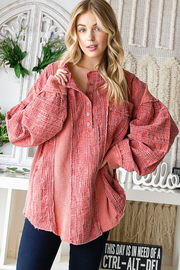 Oli & Hali Washed Fabric Mix Mandarin Collar Top