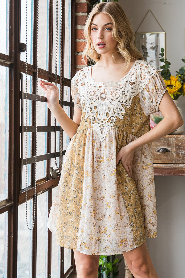 Oli & Hali Crochet Yoke Printed Dress