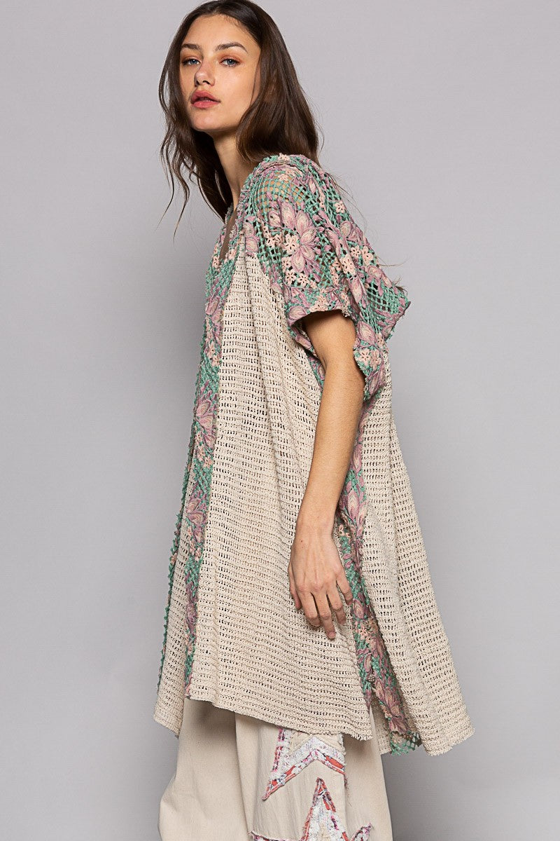 POL Sleeveless Crochet Floral Pattern Hoodie Open Kimono Top