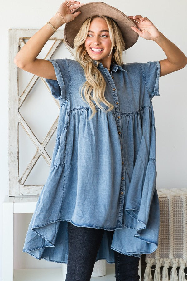 Oli & Hali Mineral Washed Tencil Tiered Button Down Dress