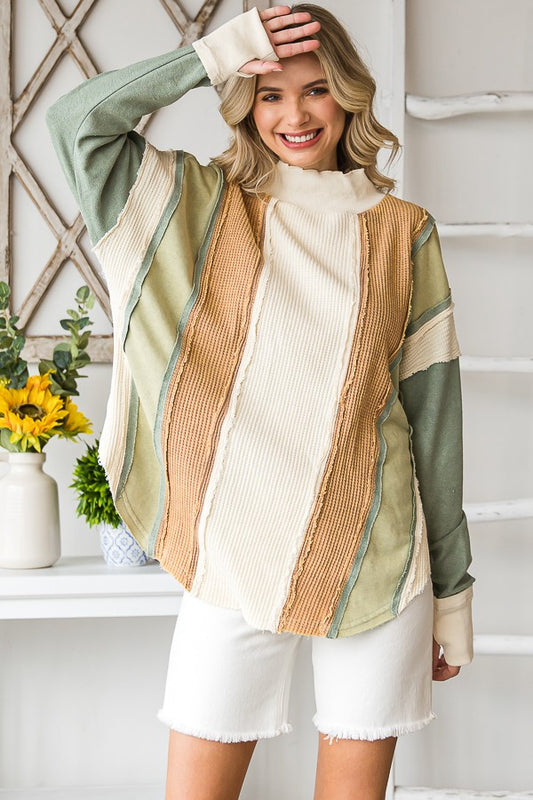 Oli & Hali Washed Fabric Mixed Long Sleeve Pullover Top