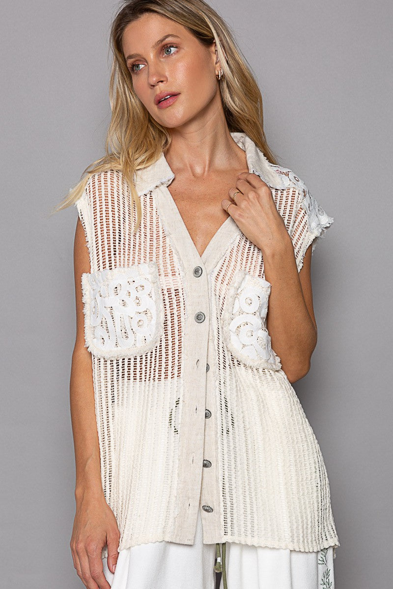 POL Vintage Wash V Neck Cut Sew Crochet Patches Vest Top